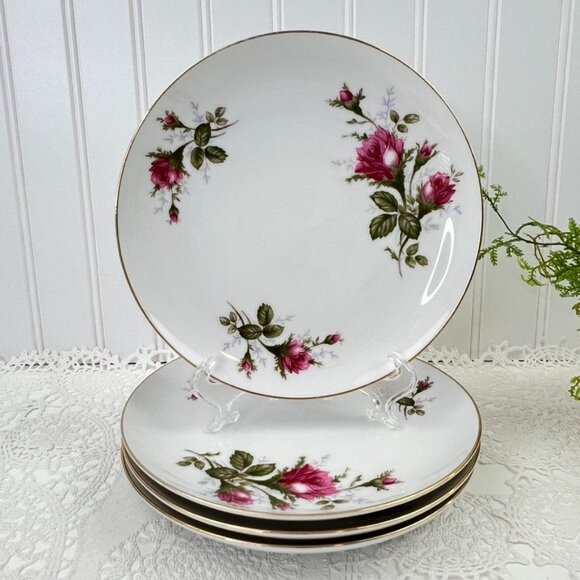 Sango Moss Rose Fine China Set of 4 Salad Plates White Pink Roses 7.5" Japan - Picture 2 of 7